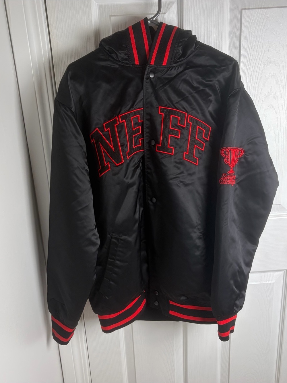 Neff Black Varsity Jacket with Red Trim hooded